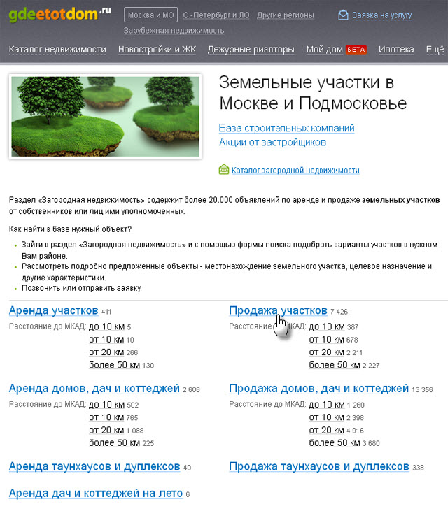 Пример базы земельных участков в Москве на сайте ГдеЭтотДом.РУ